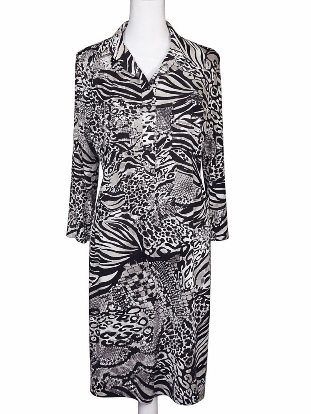 Vintage 90s Animal Print Shirt Dress Size 12 Zebra Leopard Abstract Midi‎